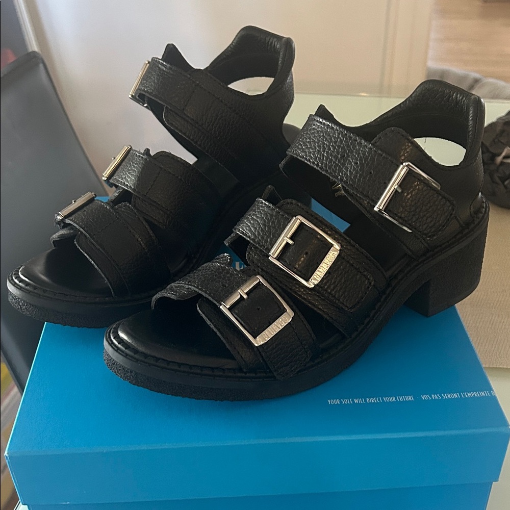 NWT John Fluevog Black Multi-Buckle Sandals size 9